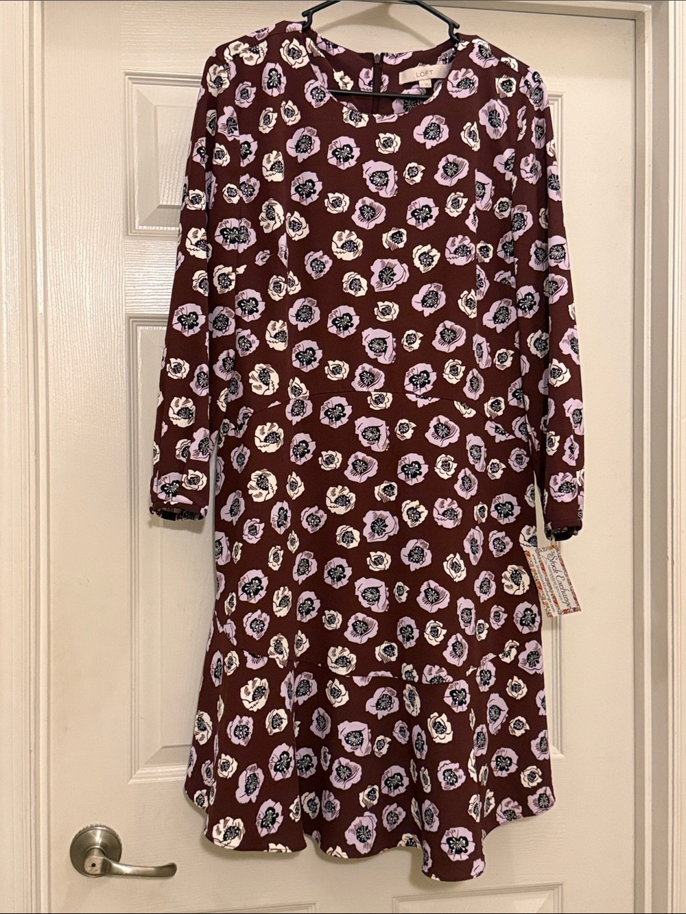 LOFT Burgundy Floral Drop-Waist Long Sleeve Dress